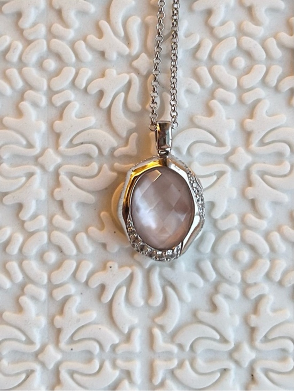 NWOT ELLE JEWELRY 925 Silver Pendant Necklace with Zircons & Pink Beveled Gem